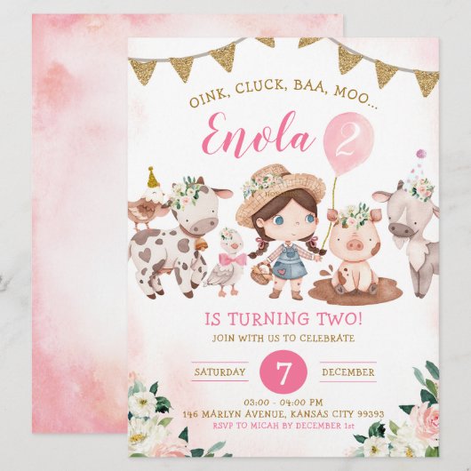 Roze en Gouden Meisje Boerderij Verjaardagsuitnodi Kaart (Voorkant / Achterkant)