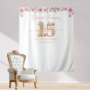 Roze en gouden Mis Quince Quinceañera achtergrond Wandkleed