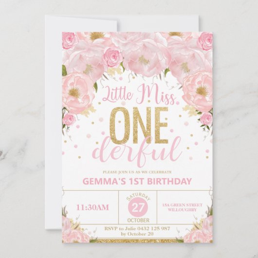 Roze en gouden Miss Vernederful 1e verjaardag Kaart (Voorkant)