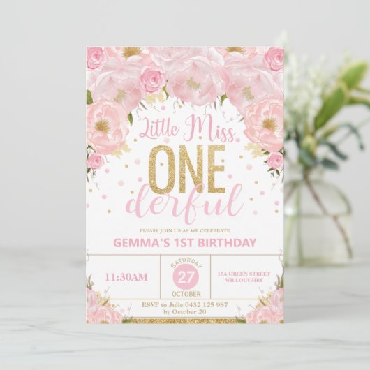 Roze en gouden Miss Vernederful 1e verjaardag Kaart (Staand voorkant)