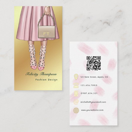 Roze en gouden mode QR-code voor de kledingindustr Visitekaartje (Voorkant / Achterkant)