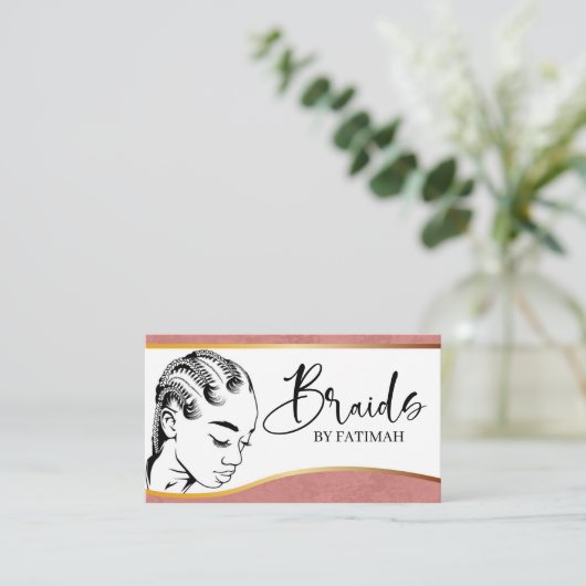 Roze en gouden moderne haarvlechten op salon visitekaartje (Staand voorkant)