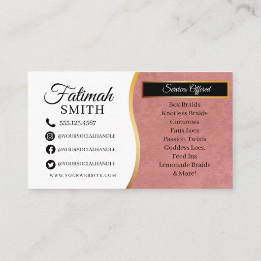 Roze en gouden moderne haarvlechten op salon visitekaartje (Achterkant)
