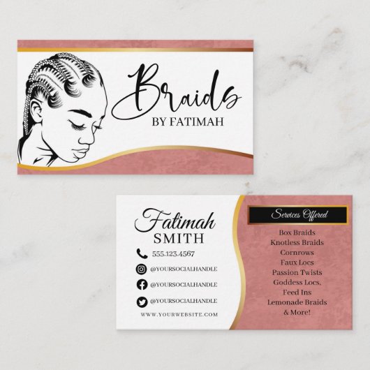 Roze en gouden moderne haarvlechten op salon visitekaartje (Voorkant / Achterkant)