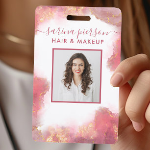 Roze en gouden moderne vloeibare waterverf ID Badge