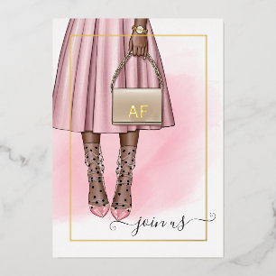 Roze en Gouden Monogram Chic Quinceañera Folie Uitnodiging