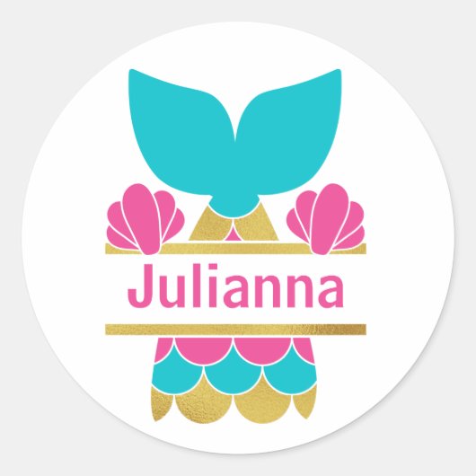 Roze en Gouden Monogram of Naam Zeemeermin Ronde Sticker (Voorkant)