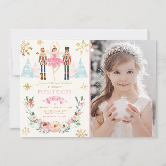 Roze En Gouden Notenkraker Verjaardag Suikerpruimf Kaart (Voorkant)