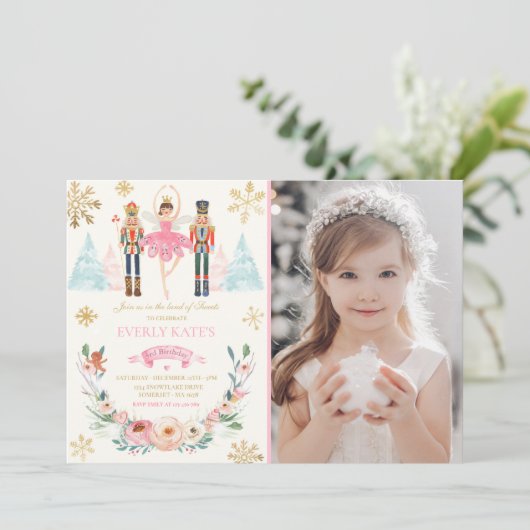 Roze En Gouden Notenkraker Verjaardag Suikerpruimf Kaart (Staand voorkant)