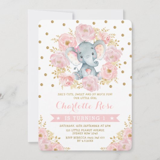  Roze en Gouden Olifant 1e Verjaardag Oerwoud Kaart (Voorkant)