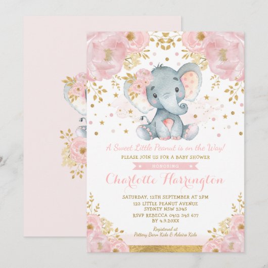 roze en gouden olifant Baby shower Kaart (Voorkant / Achterkant)