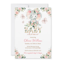 Roze en Gouden Olifant Baby Shower Uitnodiging