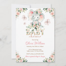 Roze en Gouden Olifant Baby Shower Uitnodiging