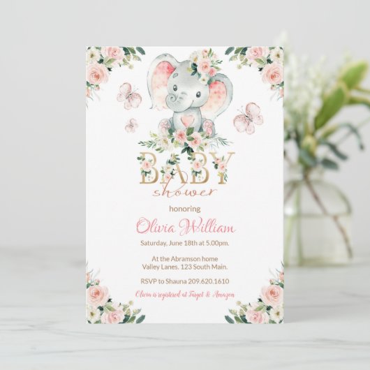 Roze en Gouden Olifant Baby Shower Uitnodiging (Staand voorkant)