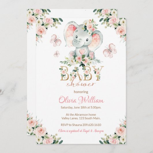 Roze en Gouden Olifant Baby Shower Uitnodiging (Voorkant / Achterkant)