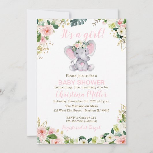 Roze en gouden olifant baby shower uitnodiging mei (Voorkant)