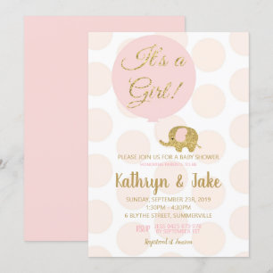 Roze en gouden olifant Baby shower uitnodiging mei