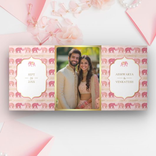 Roze en gouden olifant Indian Palace Fotobruiloft Drieluik Uitnodiging