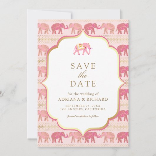 Roze en gouden olifant Indiase bruiloft foto Save The Date (Voorkant)