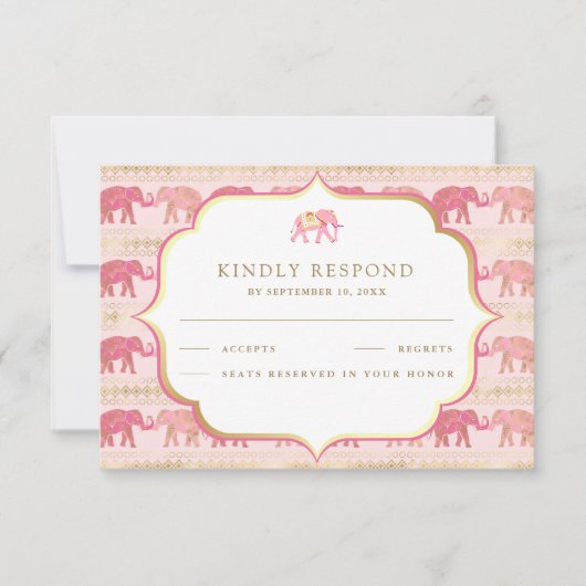 Roze en gouden olifant Indiase bruiloft RSVP Kaartje (Voorkant)