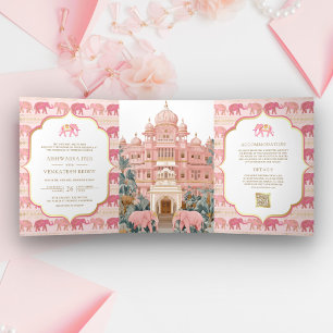 Roze en Gouden Olifant Indiase Paleis Foto Bruilof Drieluik Uitnodiging