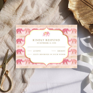 Roze en Gouden Olifant Indiase Trouwdag RSVP Kaartje