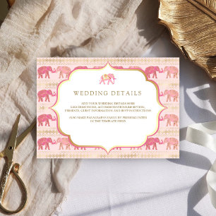 Roze en Gouden Olifant Indiase Trouwdetails Informatiekaartje