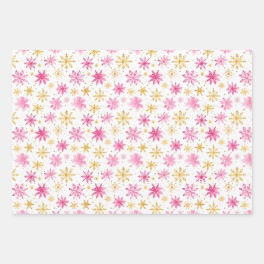 Roze en gouden Ornamenten, Bomen en Sneeuwvlokken Inpakpapier Vel (Voorkant 3)
