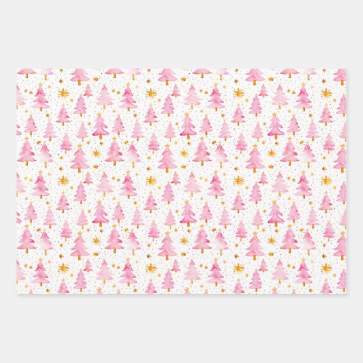Roze en gouden Ornamenten, Bomen en Sneeuwvlokken Inpakpapier Vel (Voorkant 2)