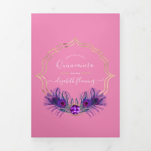 Roze en gouden pacock Quinceañera Drieluik Uitnodiging (Cover)