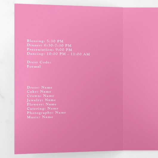 Roze en gouden pacock Quinceañera Drieluik Uitnodiging (Binnenzijde eerst)