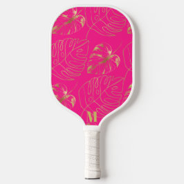 Roze en gouden palmblad patroon | Modern Monogram Pickleball Paddle
