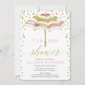 Roze en gouden paraplu meisje baby shower kaart (Voorkant)