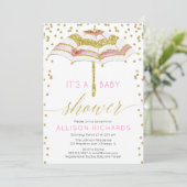 Roze en gouden paraplu meisje baby shower kaart (Staand voorkant)
