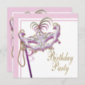 Roze en Gouden Parel Masquerade Party Kaart (Voorkant / Achterkant)