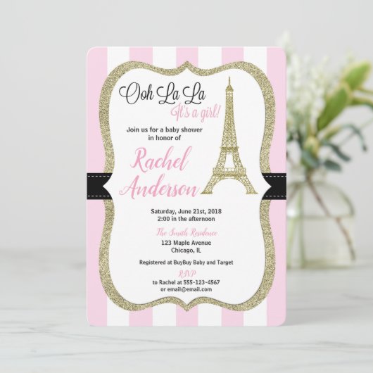 Roze en gouden parijs baby shower uitnodiging meis (Staand voorkant)