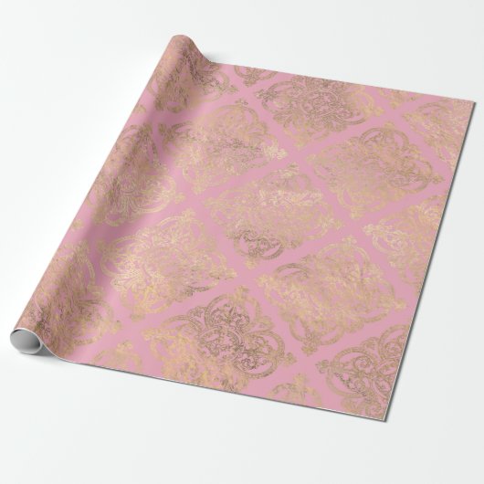 Roze en Gouden Parijs Folie Damast Cadeaupapier (Uitgerold)