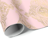 Roze en gouden Parijse folie damast motief Cadeaupapier (Rol Hoek)