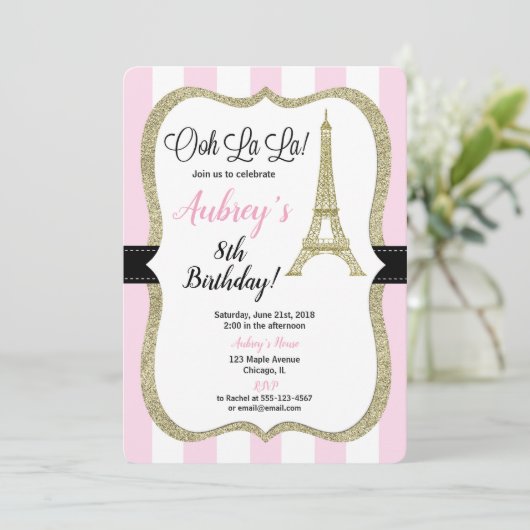 Roze en gouden Parijse verjaardagsuitnodiging voor Kaart (Staand voorkant)