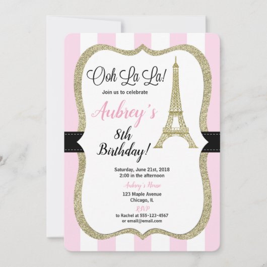 Roze en gouden Parijse verjaardagsuitnodiging voor Kaart (Voorkant)