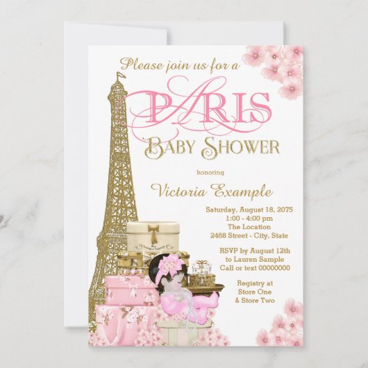 Roze en gouden Paris Baby Shower Uitnodigingen (Voorkant)