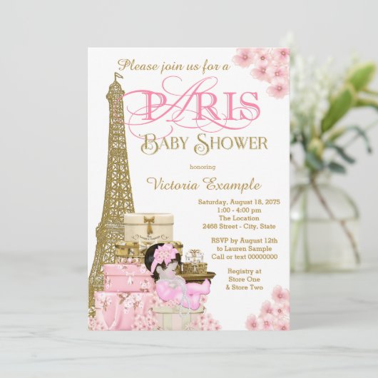 Roze en gouden Paris Baby Shower Uitnodigingen (Staand voorkant)