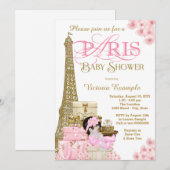 Roze en gouden Paris Baby Shower Uitnodigingen (Voorkant / Achterkant)
