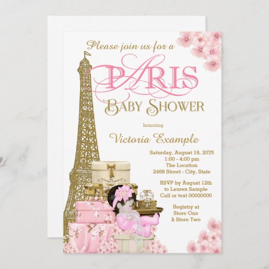 Roze en gouden Paris Baby Shower Uitnodigingen (Voorkant / Achterkant)