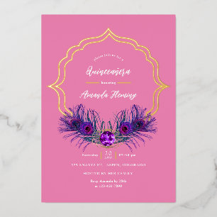 Roze en gouden pauw bloemige Quinceañera folie uit Uitnodiging