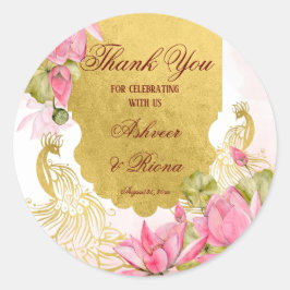 Roze en gouden pauw lotus Indiase bruiloft  Ronde Sticker