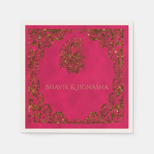 Roze en Gouden Peacock Indiase Bruiloft Servet (Voorkant)