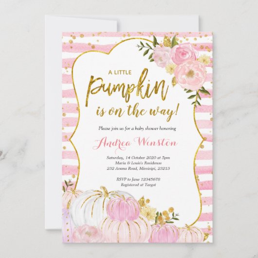 Roze en Gouden Pompoen Baby shower Invitation Kaart (Voorkant)
