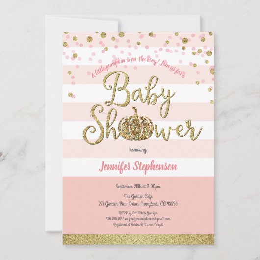 Roze en gouden pompoen baby shower uitnodiging (Voorkant)