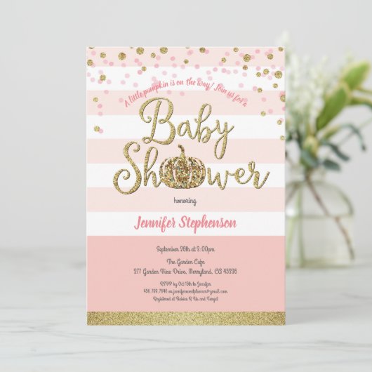 Roze en gouden pompoen baby shower uitnodiging (Staand voorkant)
